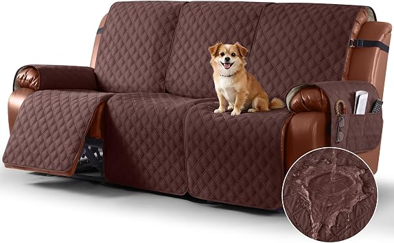 Ruaozz Waterproof Recliner Sofa Covers, 1-Piece Couch Covers for Reclining Couches Reclining Couch Cover Washable Furniture Protector with Elastic Straps Pocket for Kids Pets Coffee, 3 Seater