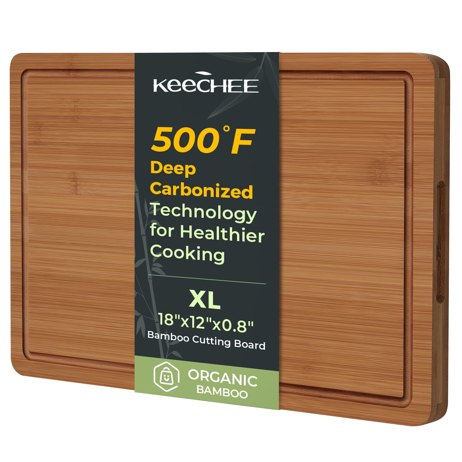 Keechee Charcuterie Board Carbonized Bamboo XL With Built-In Handles &amp; Deep Juice Groove For Gourmet Chefs – XL (18x12) – Ideal For Meat &amp; Cheese