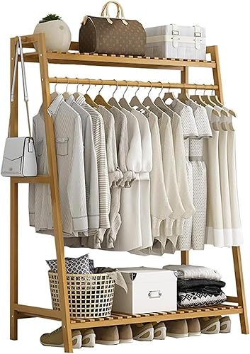 Miniatura 13 de Estante de bambú para ropa de 9 niveles, estante para colgar ropa, organizador de armario portátil con estante superior, estantes de almacenamiento