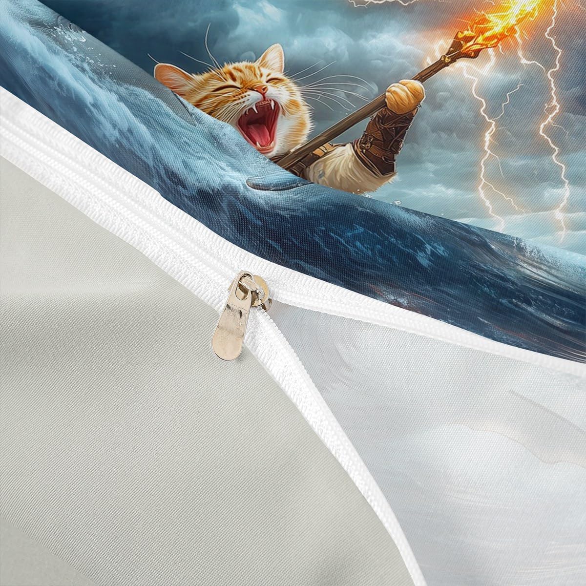 Cool Cat Kids Duvet Cover Set Queen Size,Seagull Shark Sea Ocean Animal Girls Boys Bedding Set,Lighting Art Fantasy Room Decor,Blue Yellow Quilt Cover,2 Pillowcases(No Comforter)