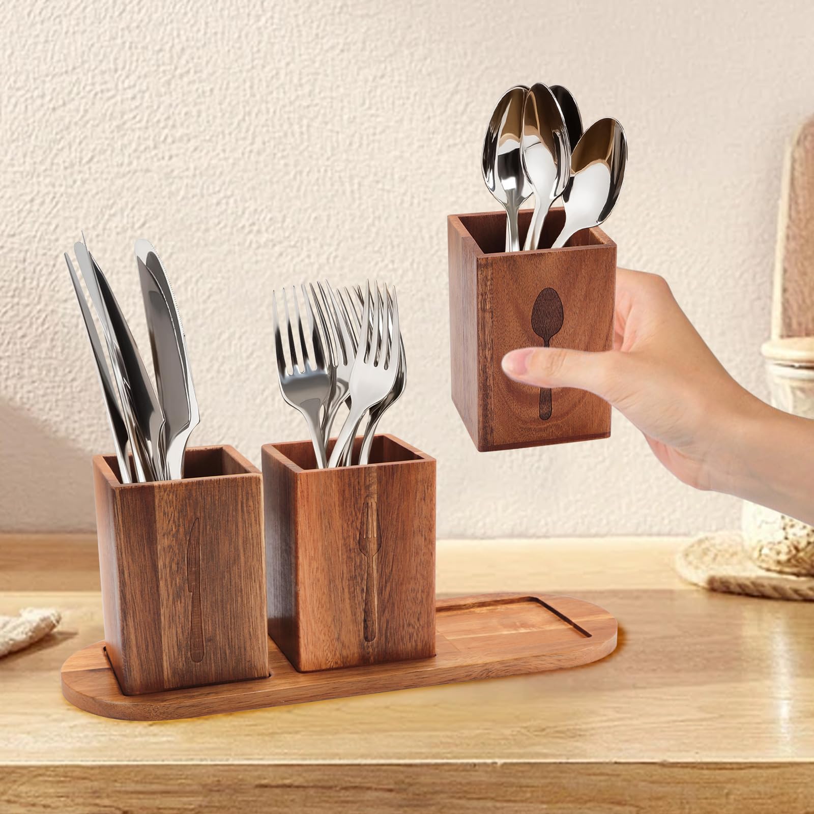 Küchen-Besteckhalter Aus Holz Mit 3 Fächern | Tragbar, Metallschalen, Bauernhaus-Design