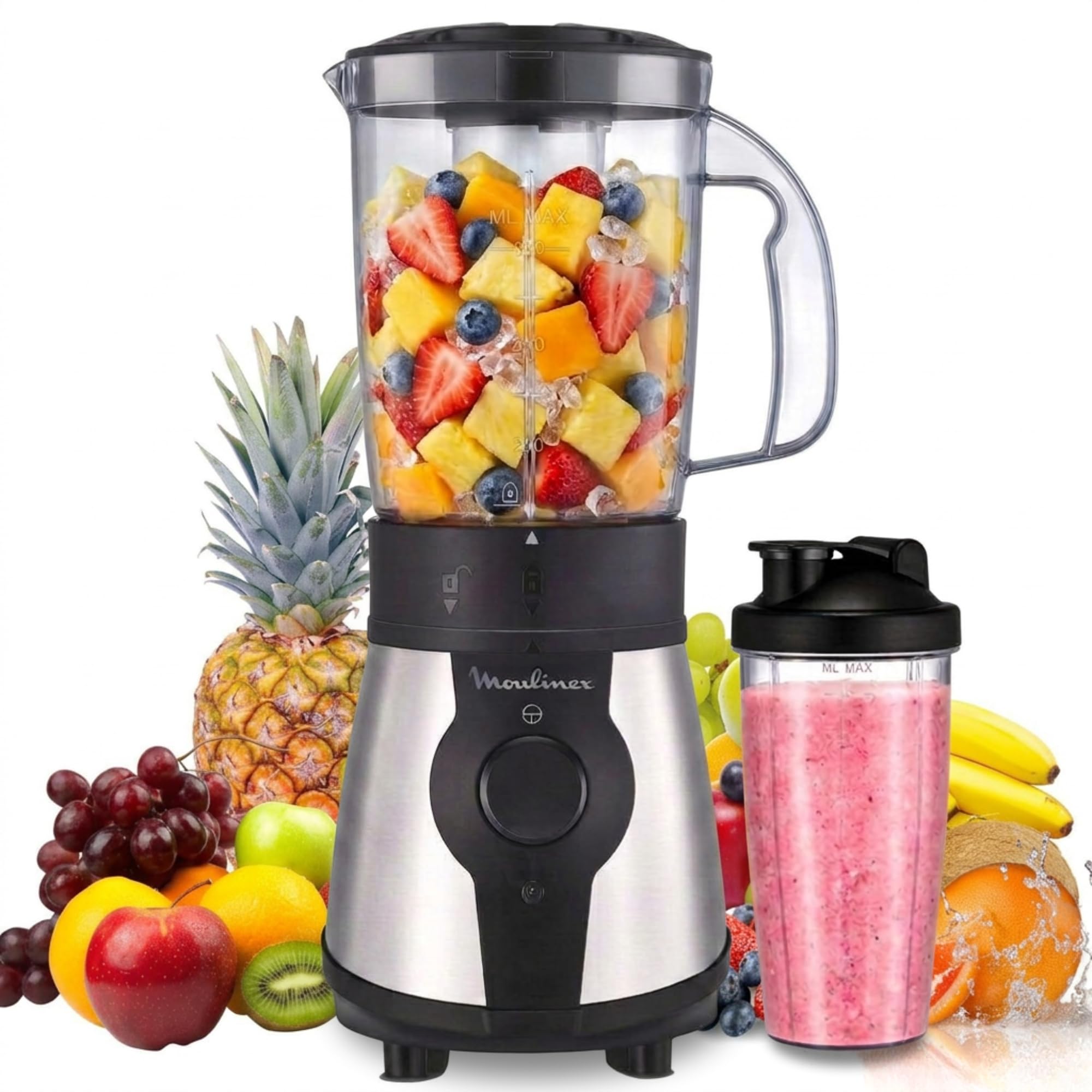 Moulinex Blend & Go, Batidora de vaso de 300 W, Jarra de 1,3 L, Compacta, 4 cuchillas extraíbles, Acabado acero inoxidable, Piezas aptas para lavavajillas, Botella de plástico de 750 ml, LM1B1D10