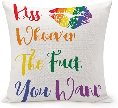 Pillowcase Kiss Whoever You Want LGBT Pride 18x18in Pride Parade Rainbow LGBT Cojines Decorativos para Sala with Hidden Zipper Design Pillowcase