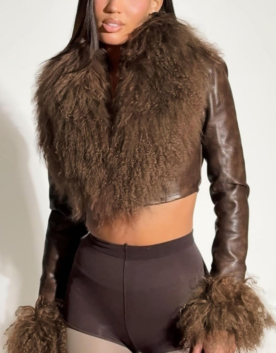 BAIMORE Women's Fashion Sexy Faux Fur Tassel Patchwork V-Neck Button Short Faux Leather Motorcycle Jacket