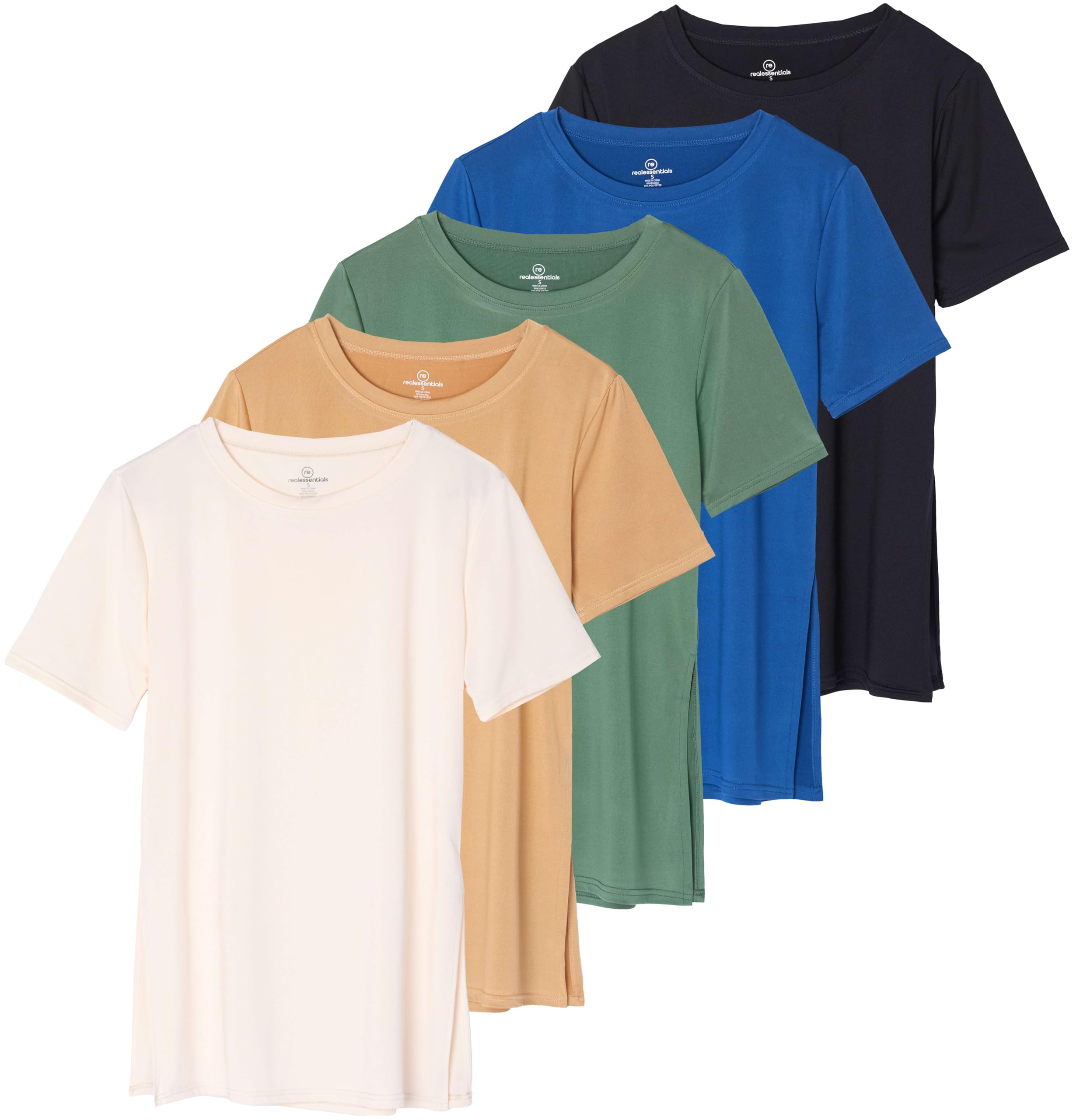 Real Essentials 5 Pack: Women's Short Sleeve Active Workout T-Shirts - Dry Fit Gym Tops with Split Hem (Plus Sizes)