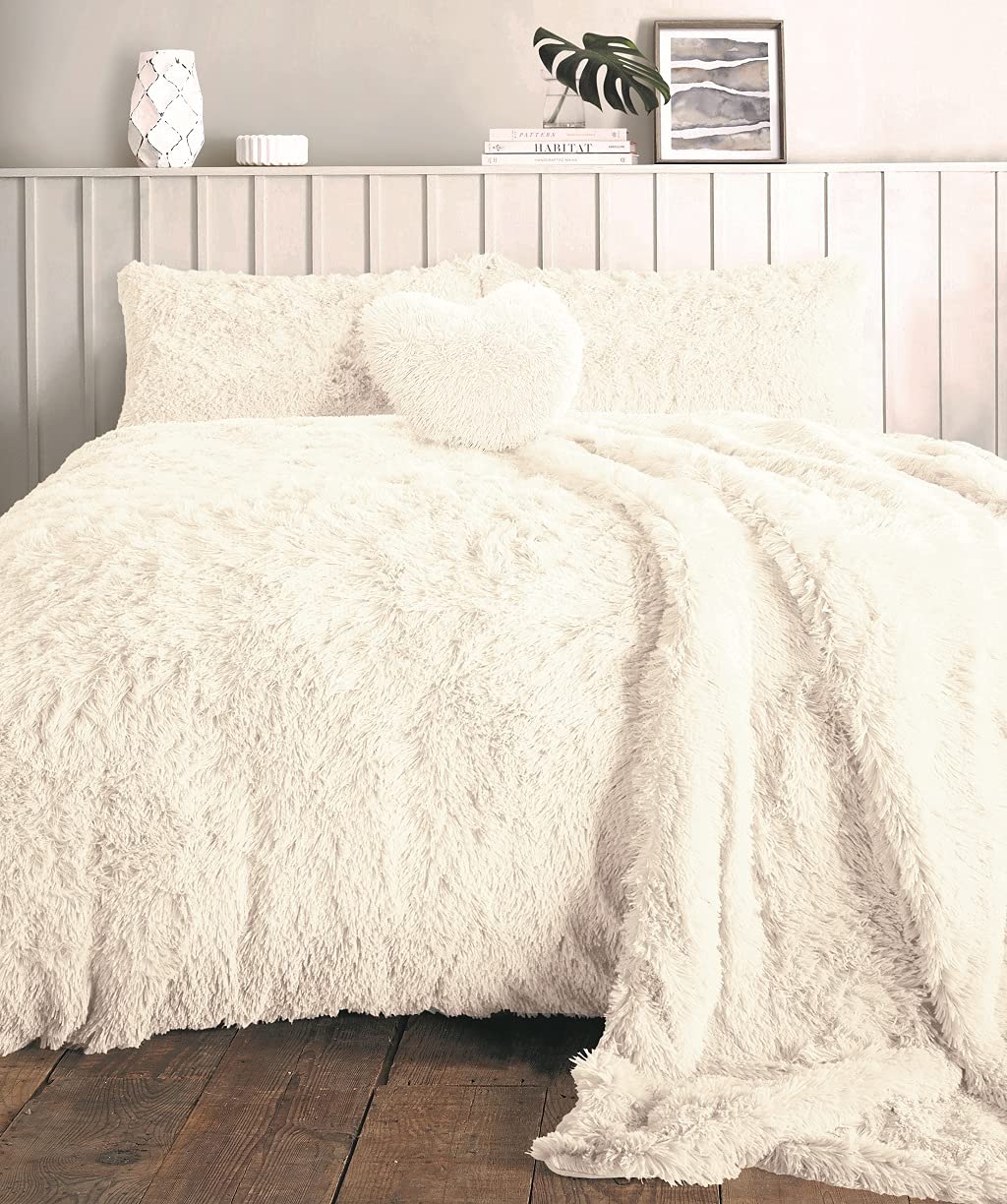 LIZZIE JACOBS Cuddles Fluffy Fur Fleece Luxurious Hug Snug Duvet Cover Sets Super Soft Warm Cosy Snuggle Long Pile Fleece Quilt Cover Sets Reversible Bedding Sets (Cream, King)