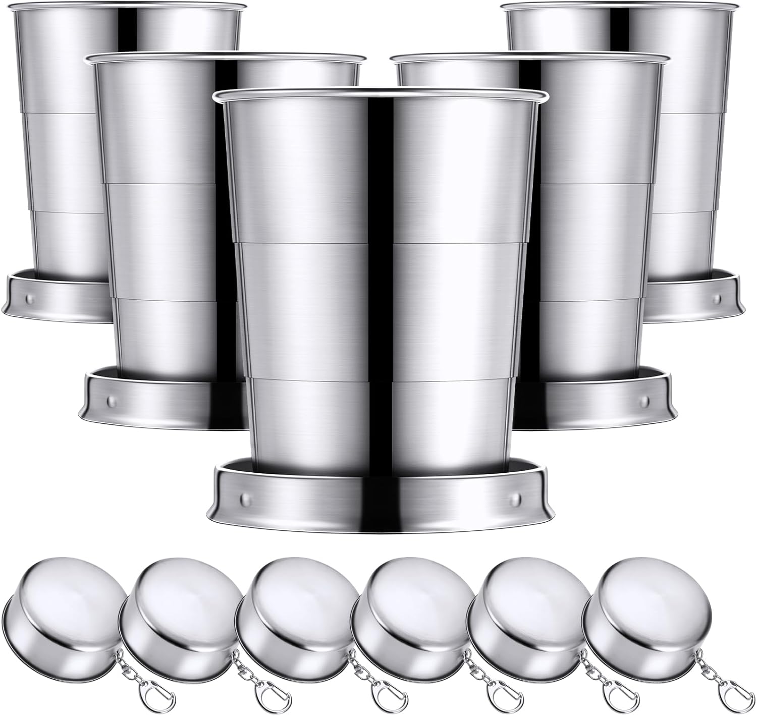 Tessco for you 6 Pieces Collapsible Shot Glasses Stainless Steel Collapsible Cup Reusable Portable Travel Folding Cup with Lid and Keychain for Camping Hiking Cycling(15 oz)