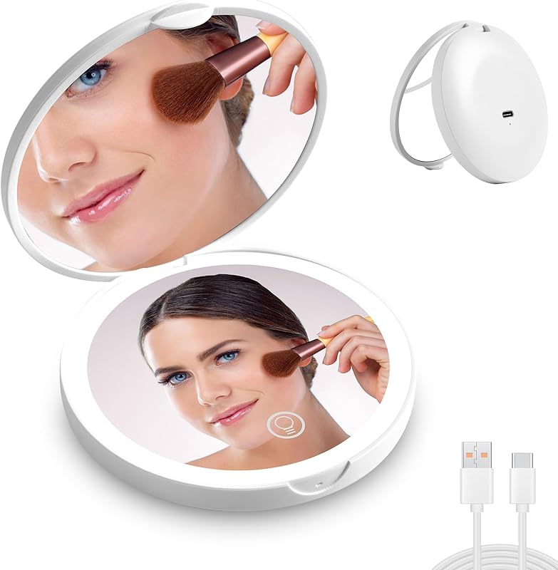 Espelho compacto de maquiagem CORROY com luz LED, ampliação 1x/2x, recarregável via USB, branco