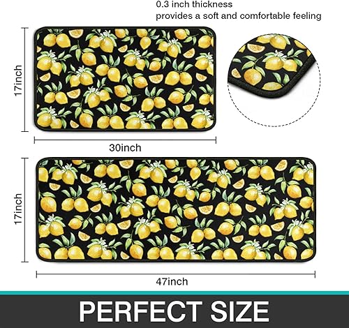 Miniatura 3 de Juego de 2 alfombras de decoración de cocina de limón negro, lavables, impermeables, antideslizantes, alfombra de pasillo para fregadero de cocina,