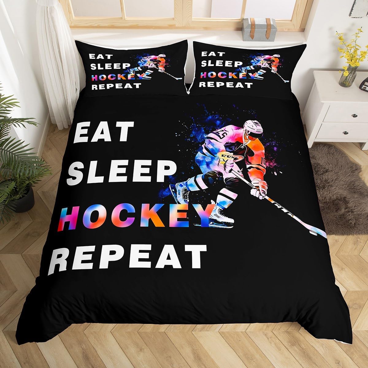 Feelyou Ice Hockey Bedding Set Twin Size Kids Sports Theme Comforter Cover Set for Boys Girls Teens Eat Sleep Ice Hockey Duvet Cover Ball Gaming Bedspread Cover (No Comforter)
