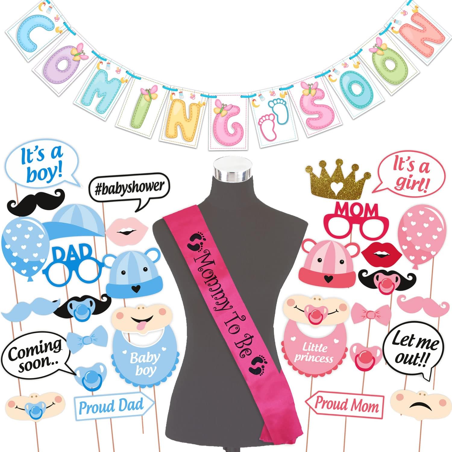 WOBBOX Baby Shower Combo of Party Props 30 Pcs & Coming Soon Bunting Banner, with Mommy to be Rose Red Sash, Baby Shower Decoration Item (Pack of 3)