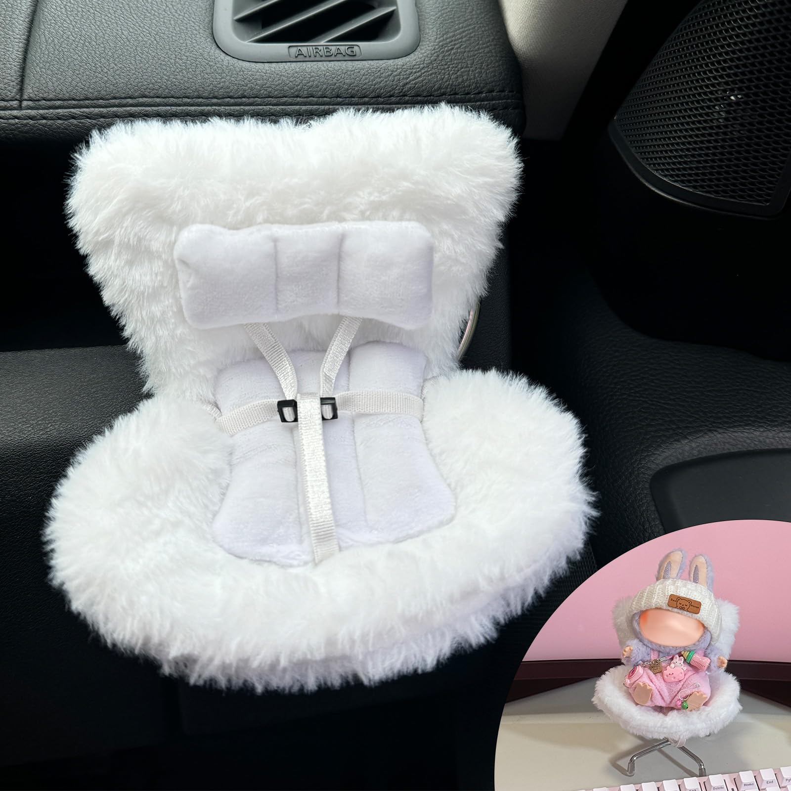 Asiento de automóvil para asiento de automóvil Labubu, clip de ventilación para sofá Labubu, cojín suave y peludo blanco con pata de asiento para pantalla de escritorio Labubu, decoración de automóvil