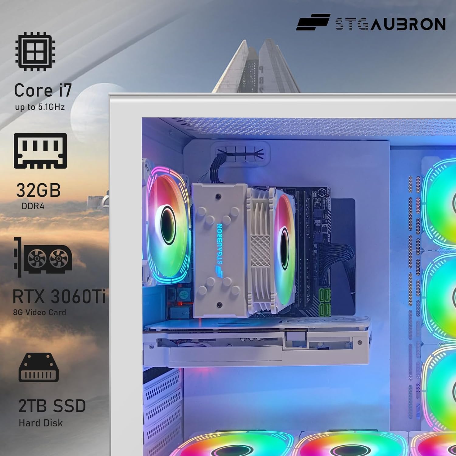 STGAubron Gaming PC Desktop Computer, Intel Core i7-10700KF up to 5.1G, GeForce RTX 3060 Ti 8G, 32G DDR4, 2T SSD, WiFi, BT 5.0, RGB Fan x7, Windows 11 Home