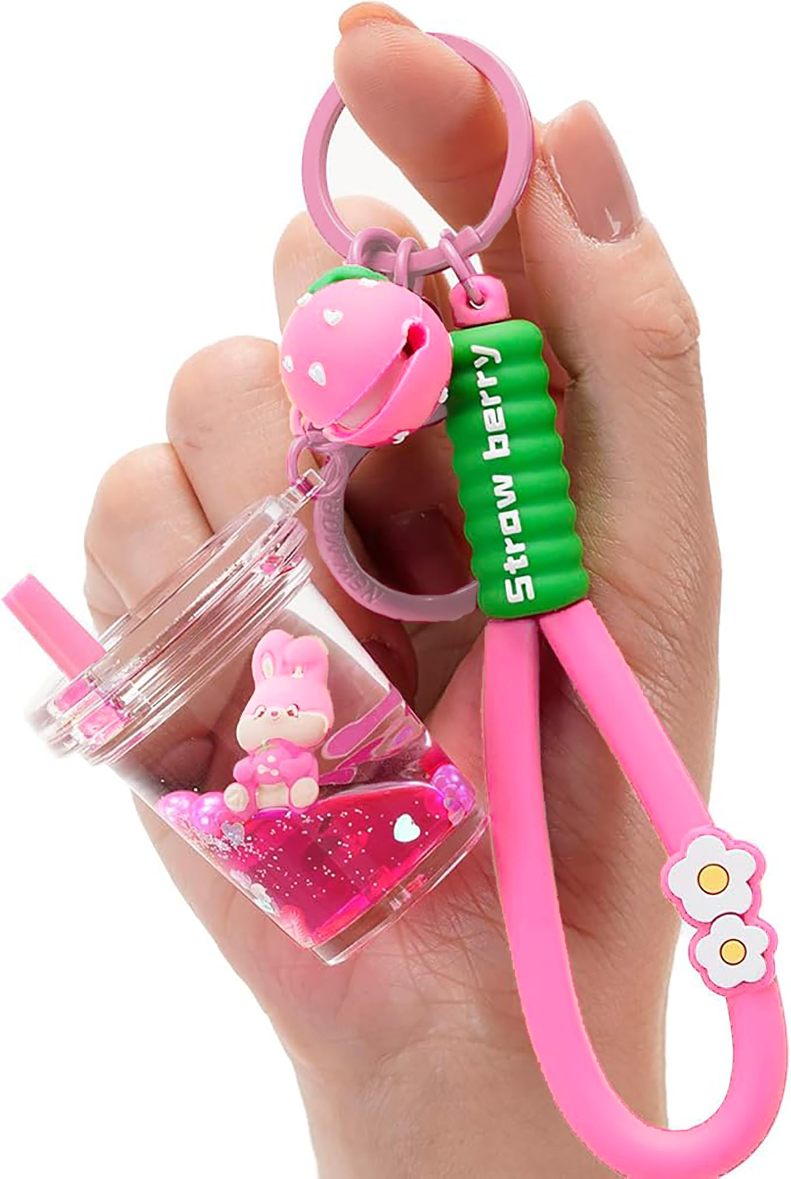 YOU WIZV Pink Kawaii Liquid Keychain Cute Anime Strawberry Rabbit Scent Backpack Keychains for Women Girls