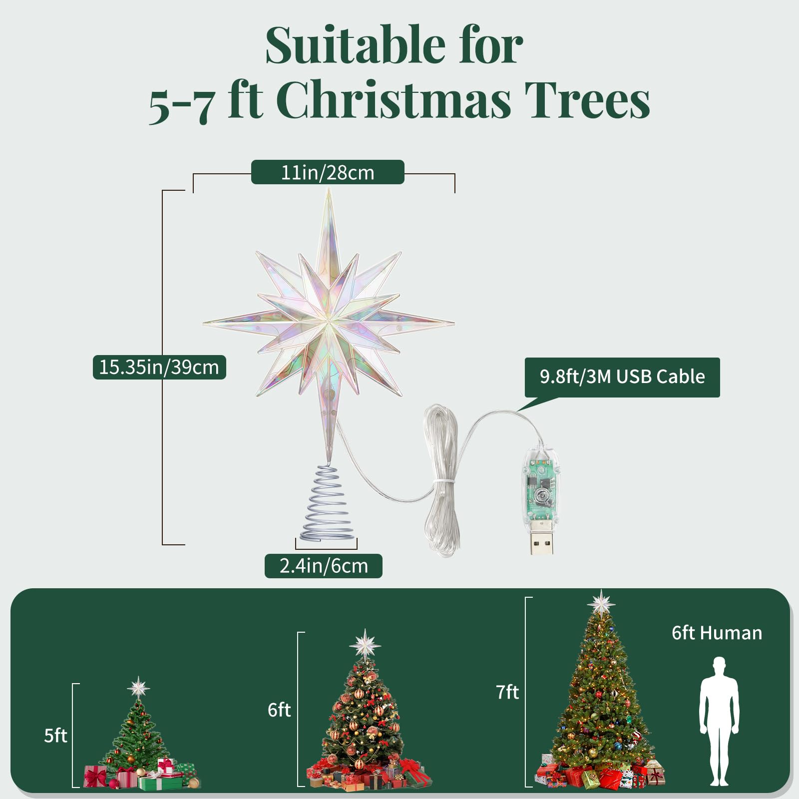 Lewondr Weihnachtsstern Baumspitze, 15,35" 20 LED Baumspitze, Fernbedienung Und USB-Betriebene Bethlehem Polaris Baumspitze Für Zuhause, 6-Stunden-Timer 8 Modi Weihnachtsdekoration, Farbiges Licht
