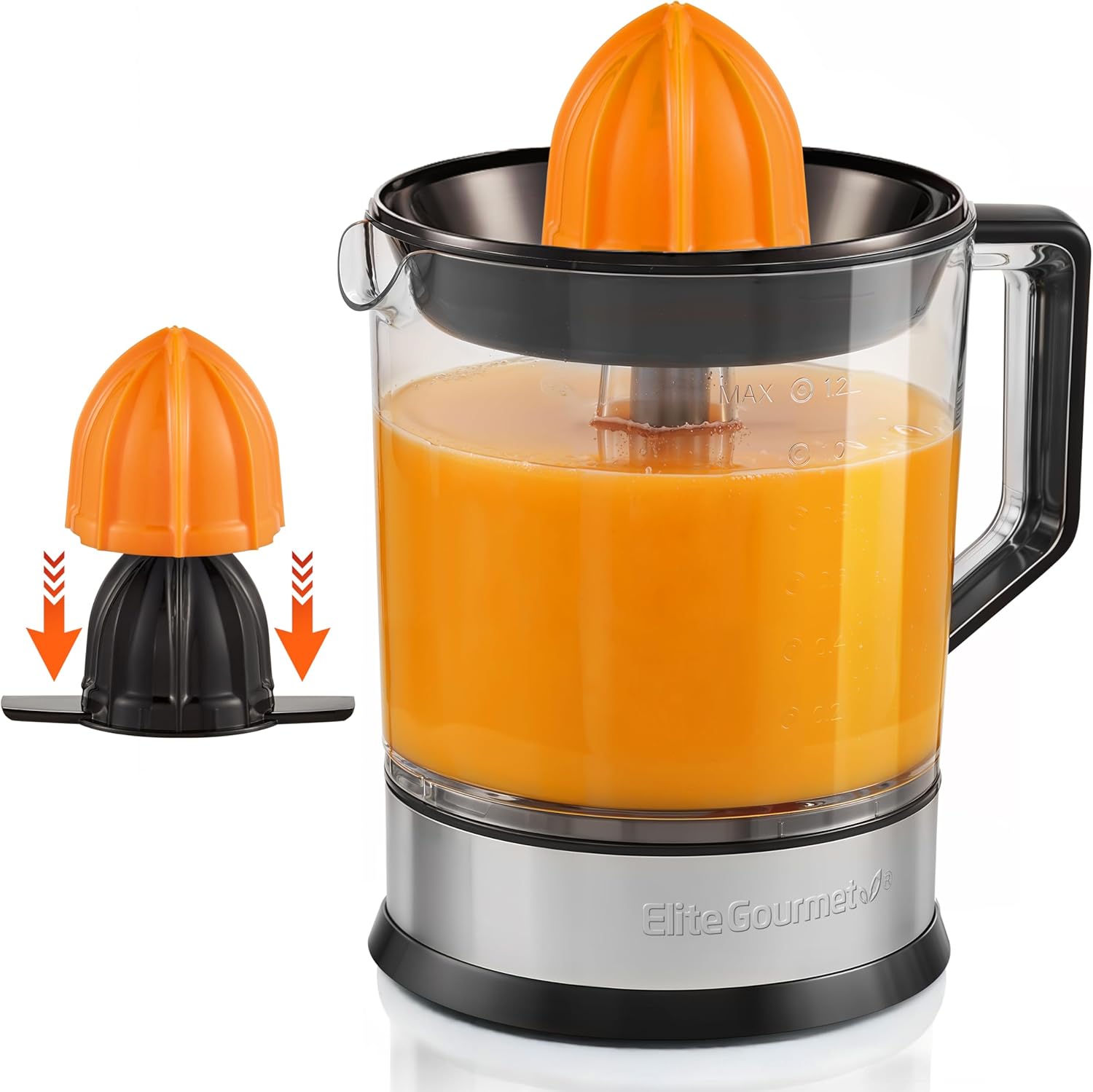 Elite Gourmet ETS740 BPA-Free Electric Citrus Juicer with 2 Cones, Compact, Large Volume, Pulp Control, Oranges, Lemons, Limes, Grapefruits with Easy Pour Spout, 1.2L, Black/Stainless Steel Elite Gourmet ETS740 BPA-Free Electric Citrus Juicer with 2 Cones, Compact, Large Volume, Pulp Control, Oranges, Lemons, Limes, Grapefruits with Easy Pour Spout, 1.2L, Black/Stainless Steel