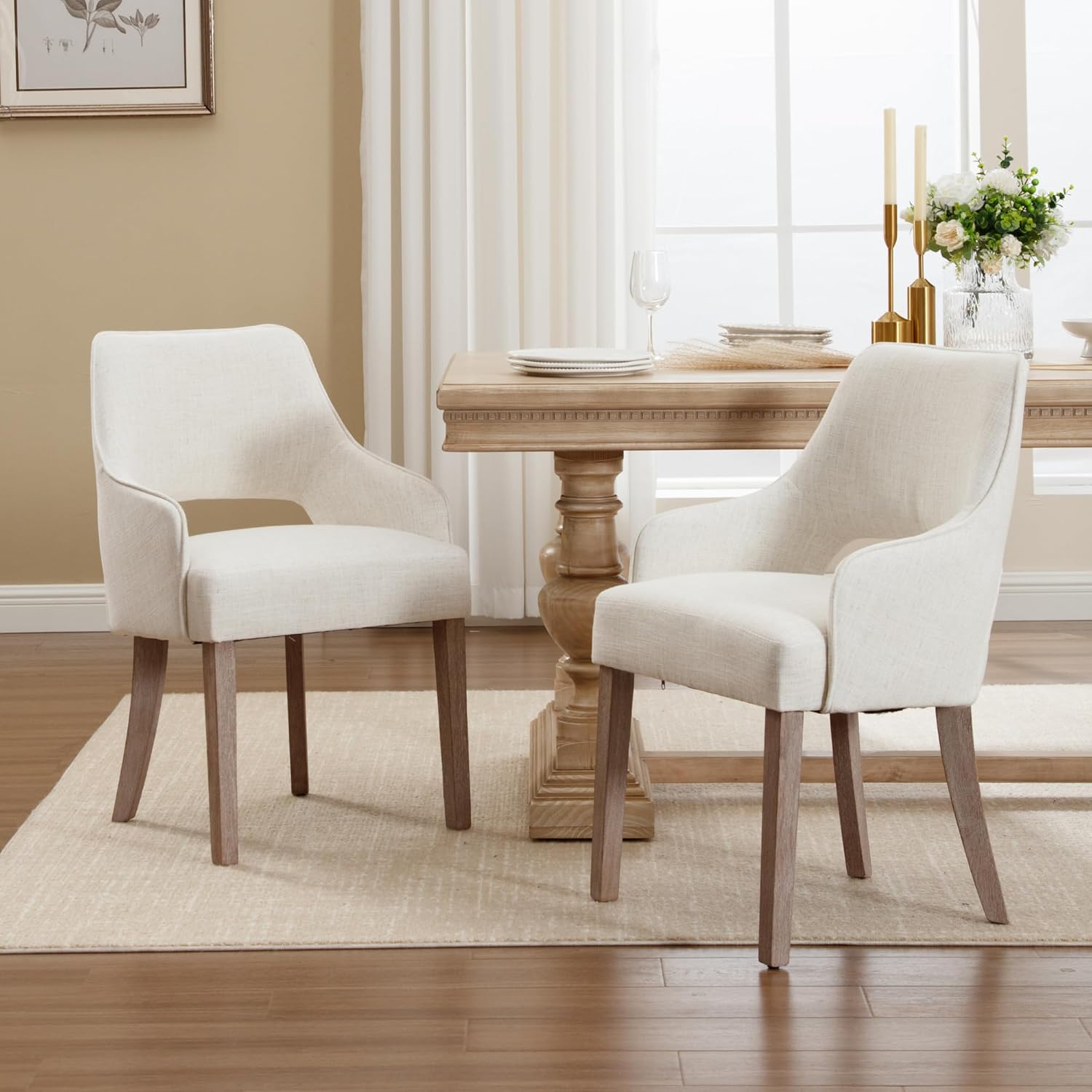 Dining Chairs Set of 4 Linen Upholstered Accent Kitchen Chair with Hollow Back/Padded Seat/Wood Legs for Dining Room Restaurant Home Decor, Beige