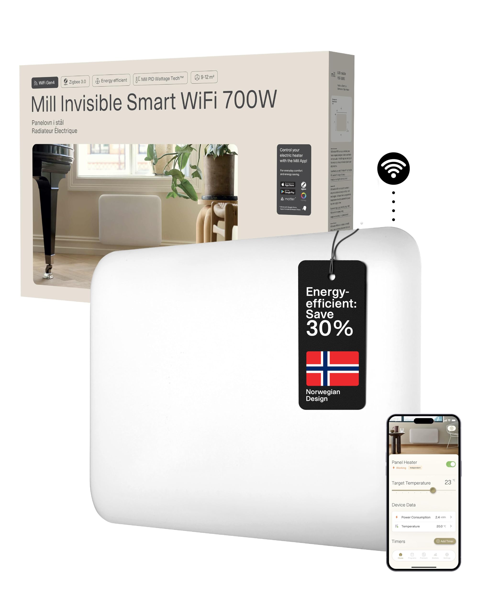 Mill Invisible WiFi Panel Heater 700W Smart Heater & App Energy Efficient Heaters for Home Low Energy Silent 9-12m2, Electric Radiators Wall Mounted, Slim WiFi Radiator Bathroom, Designed in Norway