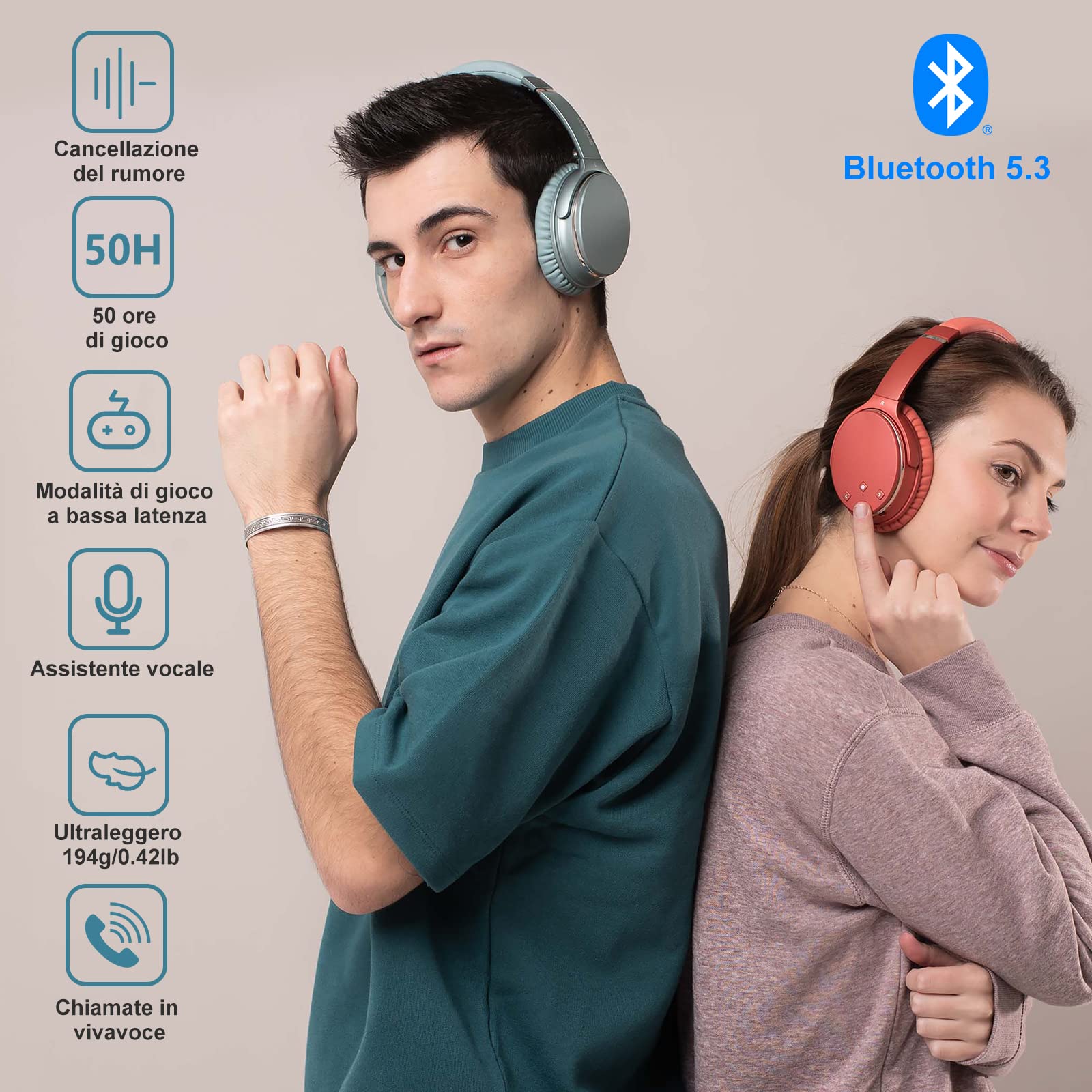 Srhythm NC25 Cuffie Stereo con Cancellazione Attiva del Rumore, Bluetooth 5.3, Auricolari ANC Over-ear con Hi-Fi, Microfono, Autonomia di 50 Ore, Assistente Vocale, ModalitàGioco a Bassa Latenza