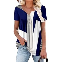 CHICZONE Ladies Tunic Tops Buttons Up Blouse Floral Printed Plain Pleated Womens V Neck Henley
