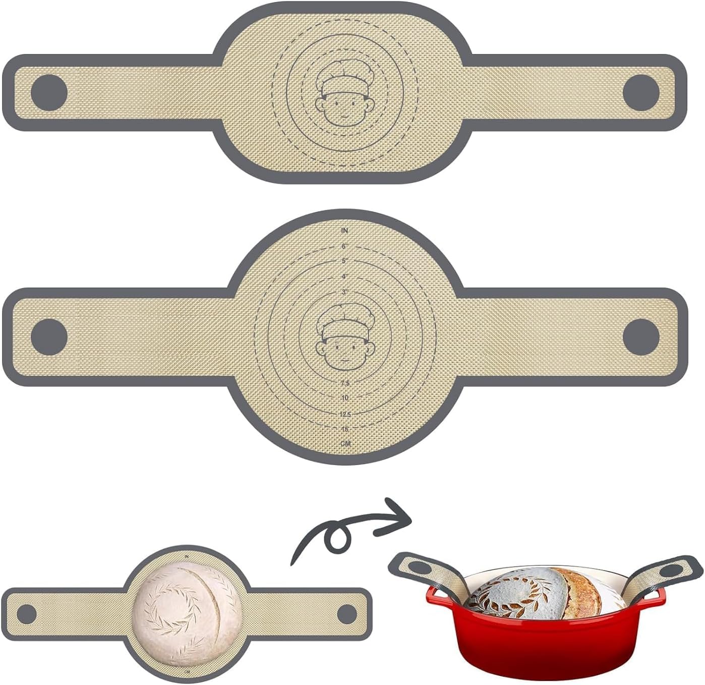 Non-Stick Silicone Bread Baking Mat with Long Handle – Round & Oval Dough Mat for Bread, Pizza, Pastry, and Rolling | Silicone Baking Mat Non-Stick, Heat Resistant, with Long Handle (PO2)