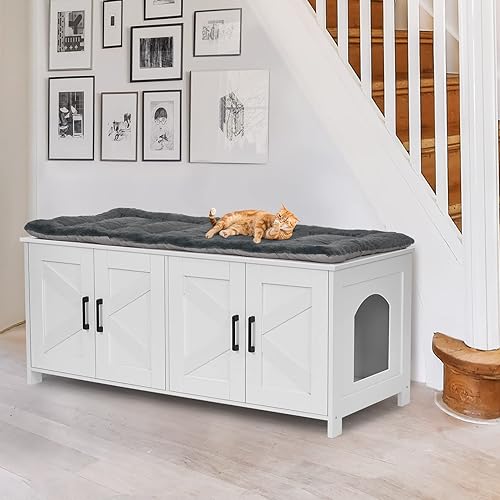 Miniatura 24 de Homhedy - Caja de arena para gatos, muebles de madera para baño de gatos con puerta de granero, casa para mascotas, se adapta a la mayoría de cajas