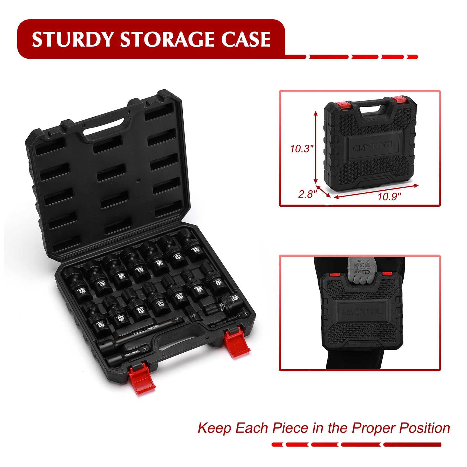 EMENTOL Juego de 19 llaves de vaso de impacto universales estándar de 1/2 pulgada con barras de extensión y adaptadores, 6 puntos, métricos, 10 mm - 24 mm, barra exterior, adaptador de taladro de
