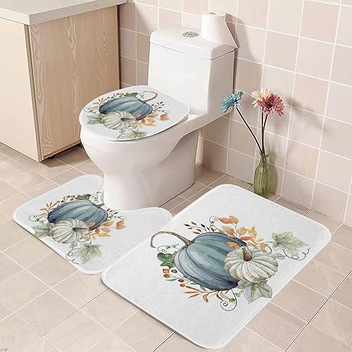 Miniatura 4 de Juego de 3 alfombras de baño de granja con hojas de arce y calabaza, juego de baño con alfombra de contorno antideslizante, cubierta oblonga para