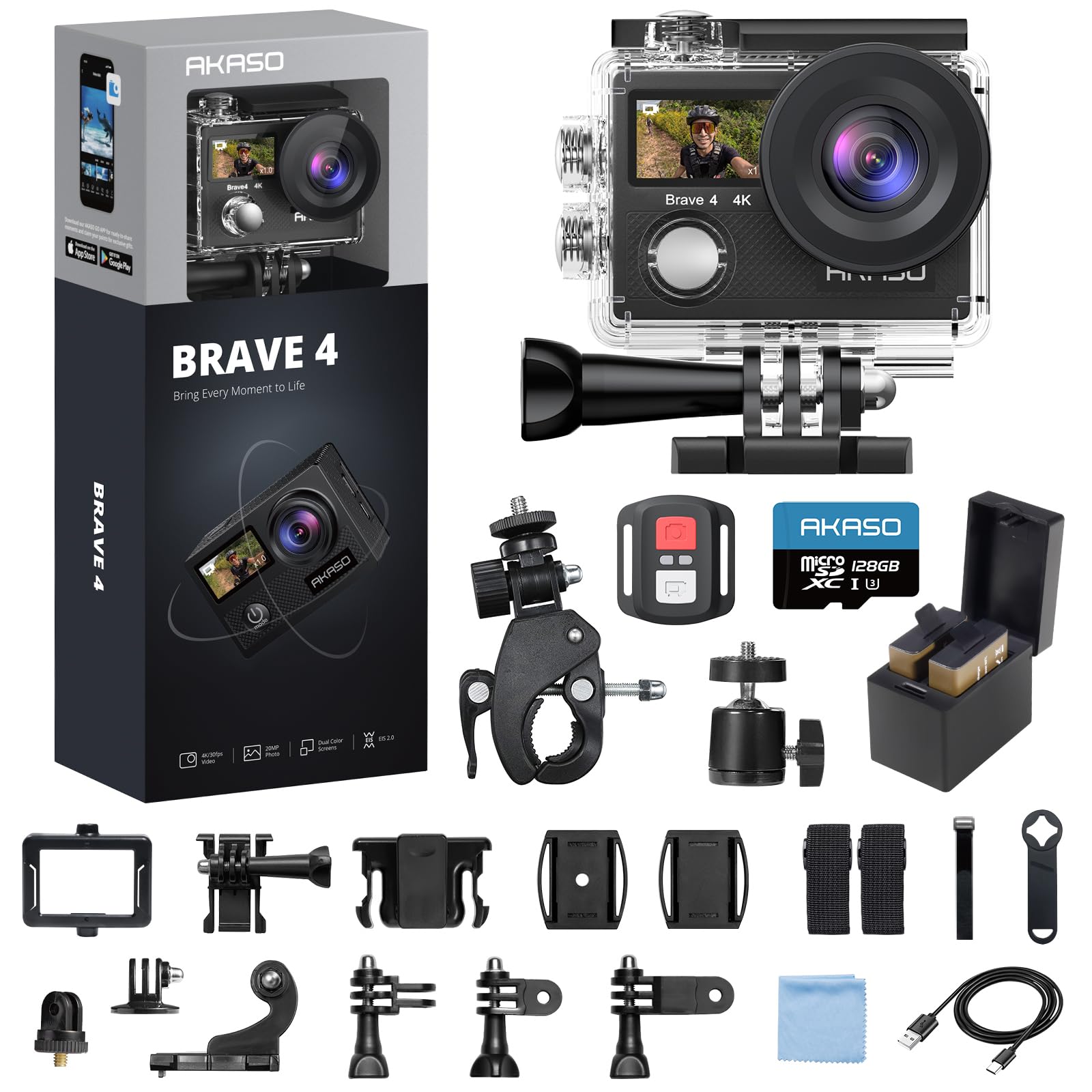 Brave 4 Action Camera 4K 30fps with 128GB MicroSDXC Card 20MP Ultra HD 131FT Waterproof Underwater Camera EIS WiFi Remote Control 5X Zoom Sport Cameras with Bicycle Accessories Kit Bundle