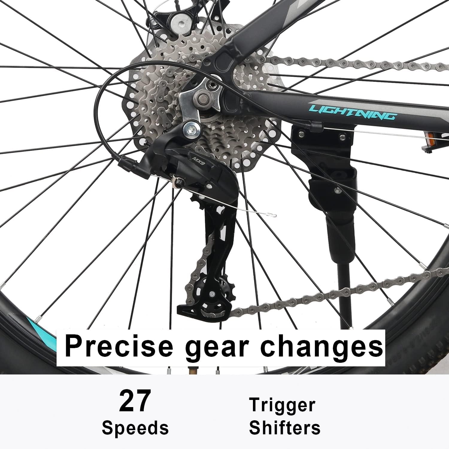 Close-up of rear derailleur and cassette, showing 27 speeds