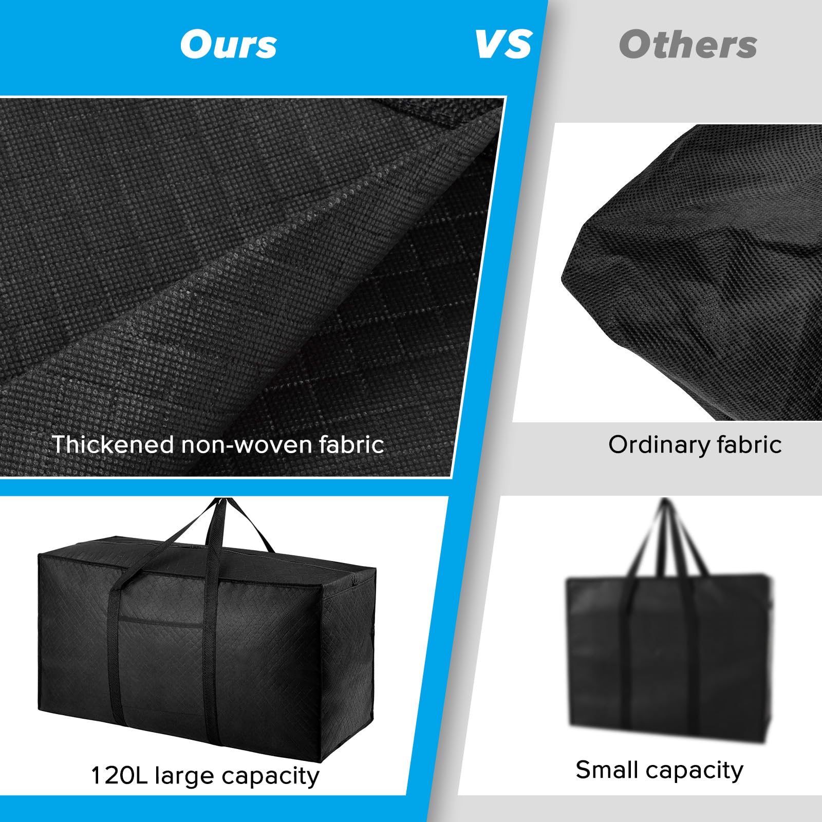 iespell Lot de 6 grandes boîtes de déménagement de 120 l avec couvercle, sacs de rangement, robustes avec fermetures éclair et poignées pour déménagement, vêtements, couettes, sous le lit, voyage