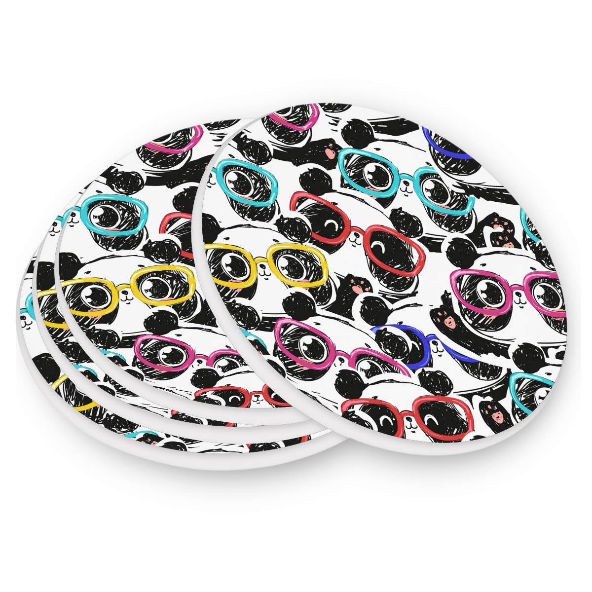 visesunny Panda with Colorful Glasses Drink Coaster Moisture Absorbing Stone Coasters with Cork Base for Tabletop Protection Prevent Furniture Damage Coffee Mug Glass Cup Place Mats, 2 Pieces