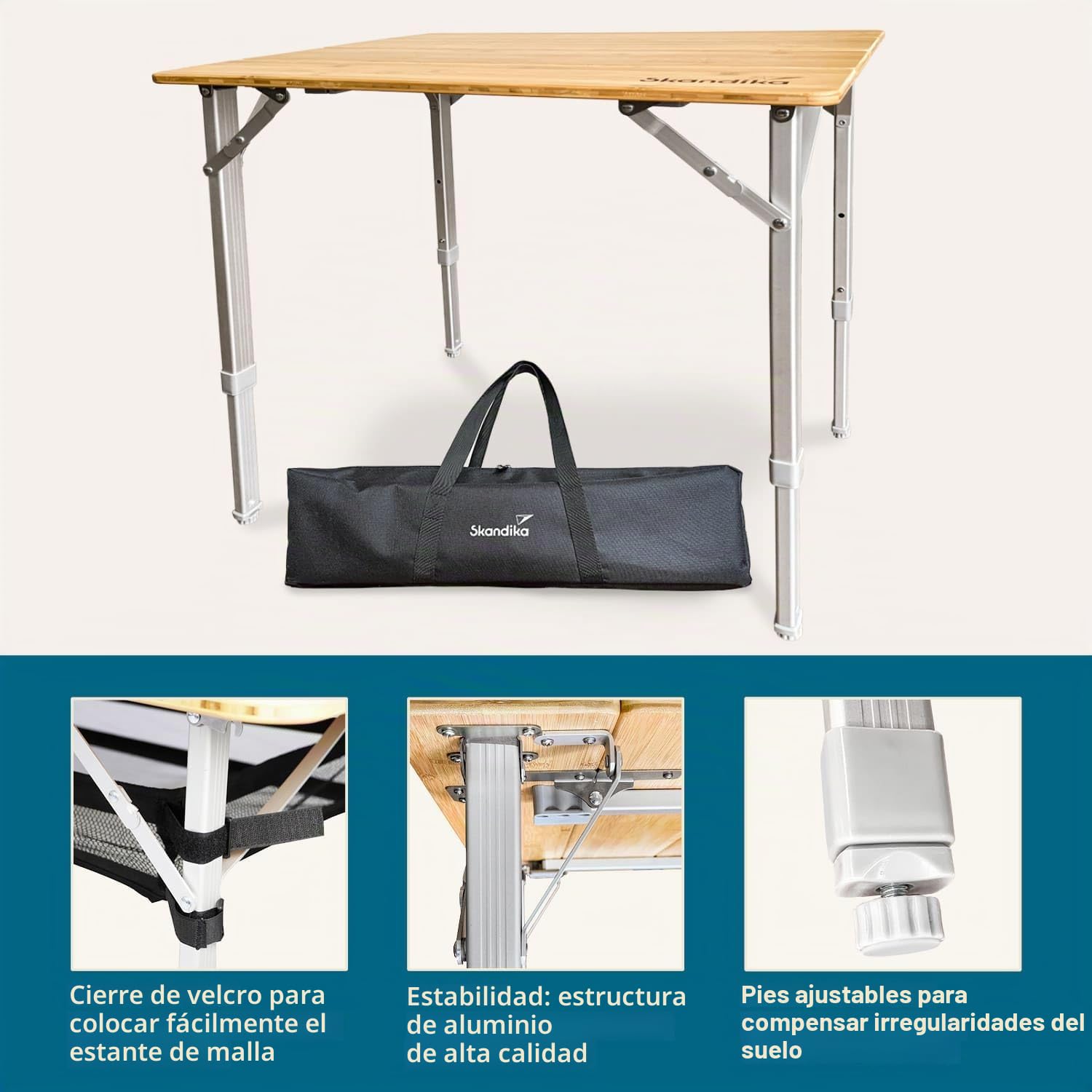 skandika Tolja | Mesa de Camping de bambú Plegable, Estante de Rejilla, Varios tamaños, Regulable en Altura en 3 Posiciones, Aluminio, Madera, Resistente a la Intemperie (65 x 50 x 65 cm)