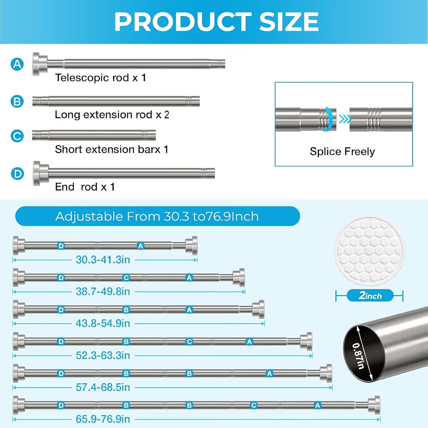 Brushed Nickel Shower Curtain Rods 30–77Inch, Tension Curtain Rod No Drill
