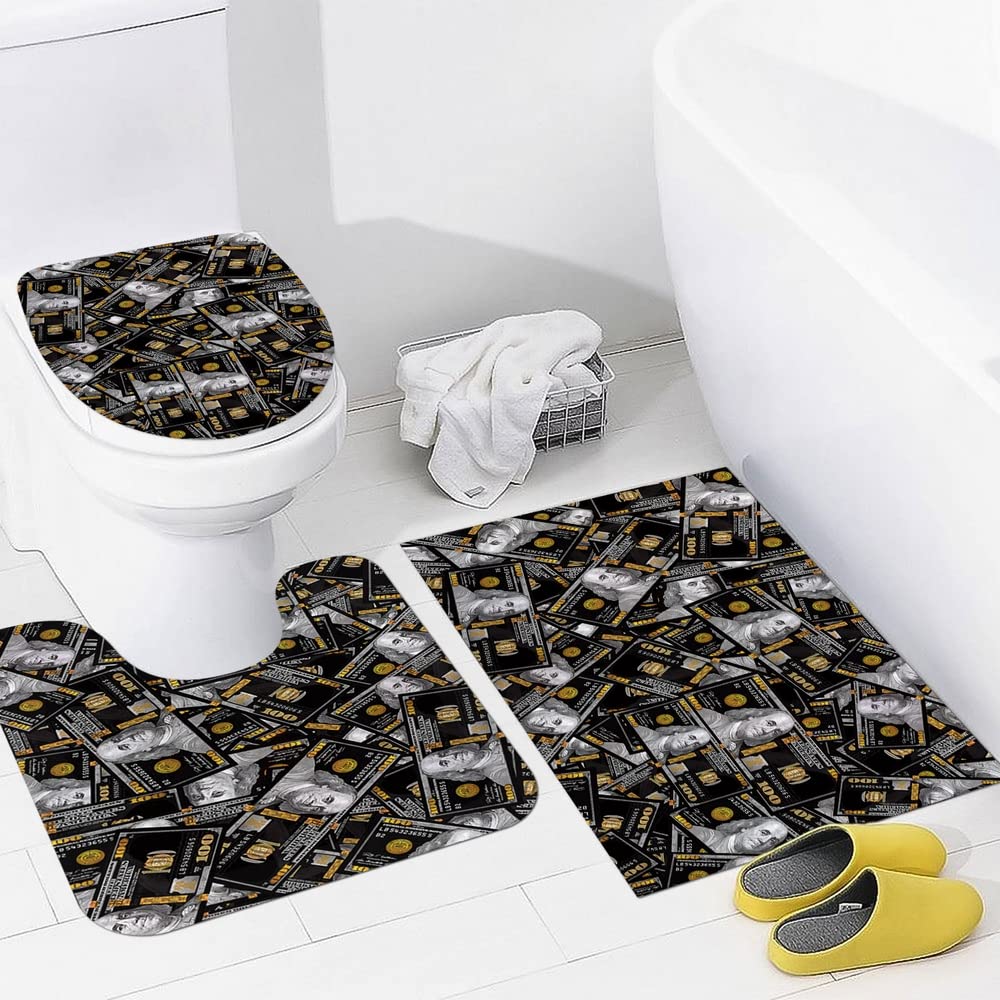 Reateforin Black Money Rugs 100 Dollar Bills Bathroom Rugs Mats Set of 3,Money Bathroom Accessory for Men Memory Foam Bath Mat,U-Shaped Contour Shower Mat Non Slip Absorbent,Toilet Lid Cover Washable