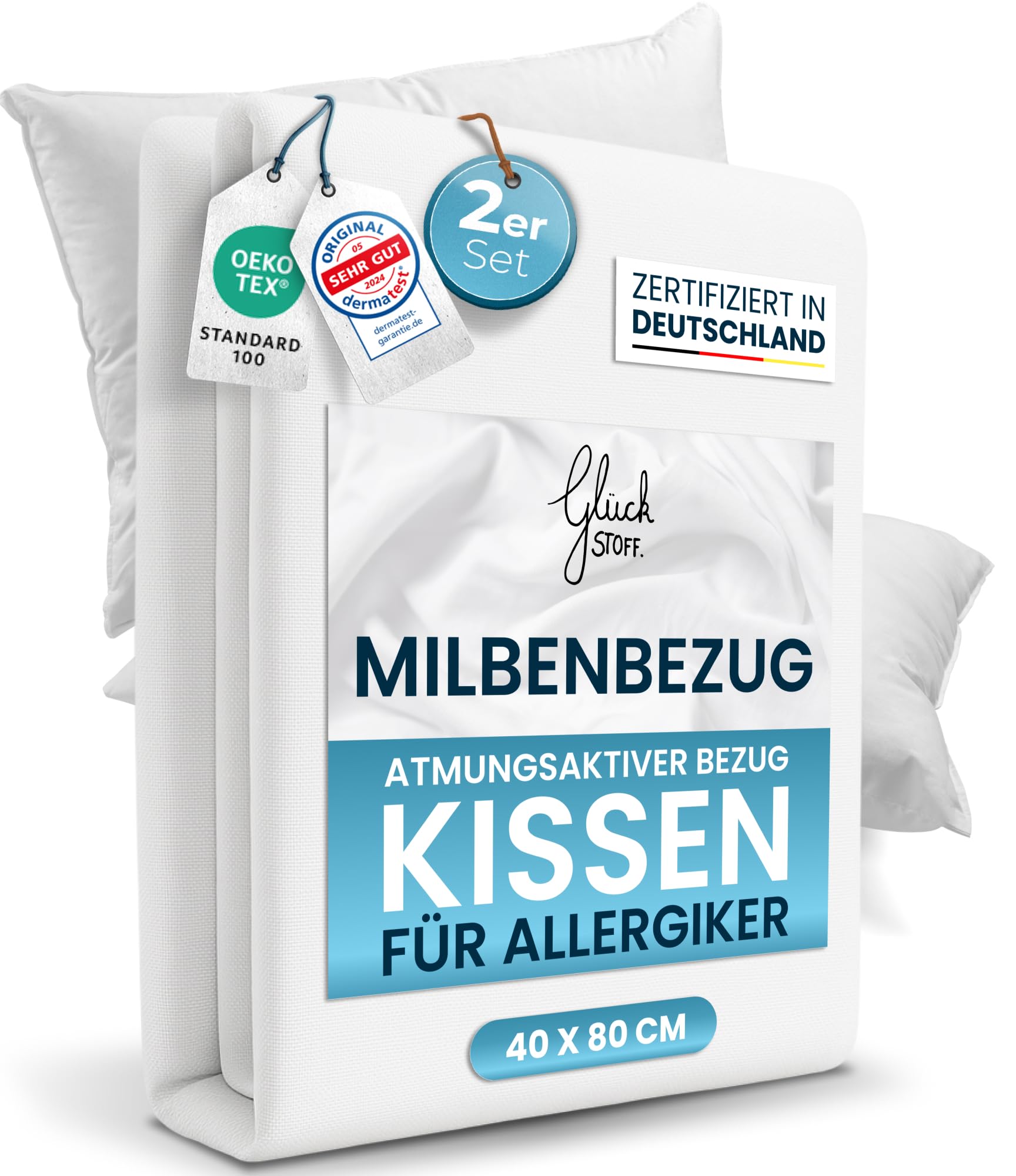 Glückstoff® 2er-Set Milbenbezug Kissen 40x80 [Zertifiziert IN Deutschland] - Premium Kissenschoner Encasing Milben - Allergiker Kissenschutzbezug - Allergie Bettwäsche Anti Milben - Milbenschutzbezug
