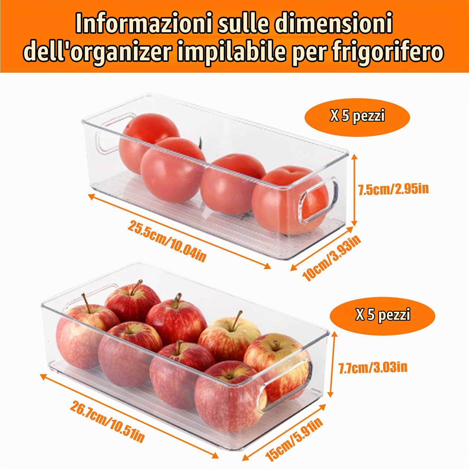 6Pcs Organizer Frigorifero con Maniglia,Organizzatore Cucina per Snack & Lattine, Set Contenitori Trasparente Impilabili per Frigo,Bagno,Dispensa Armadietti,Cassetti Frigoriferi,Ripiani (2 Dimensioni)