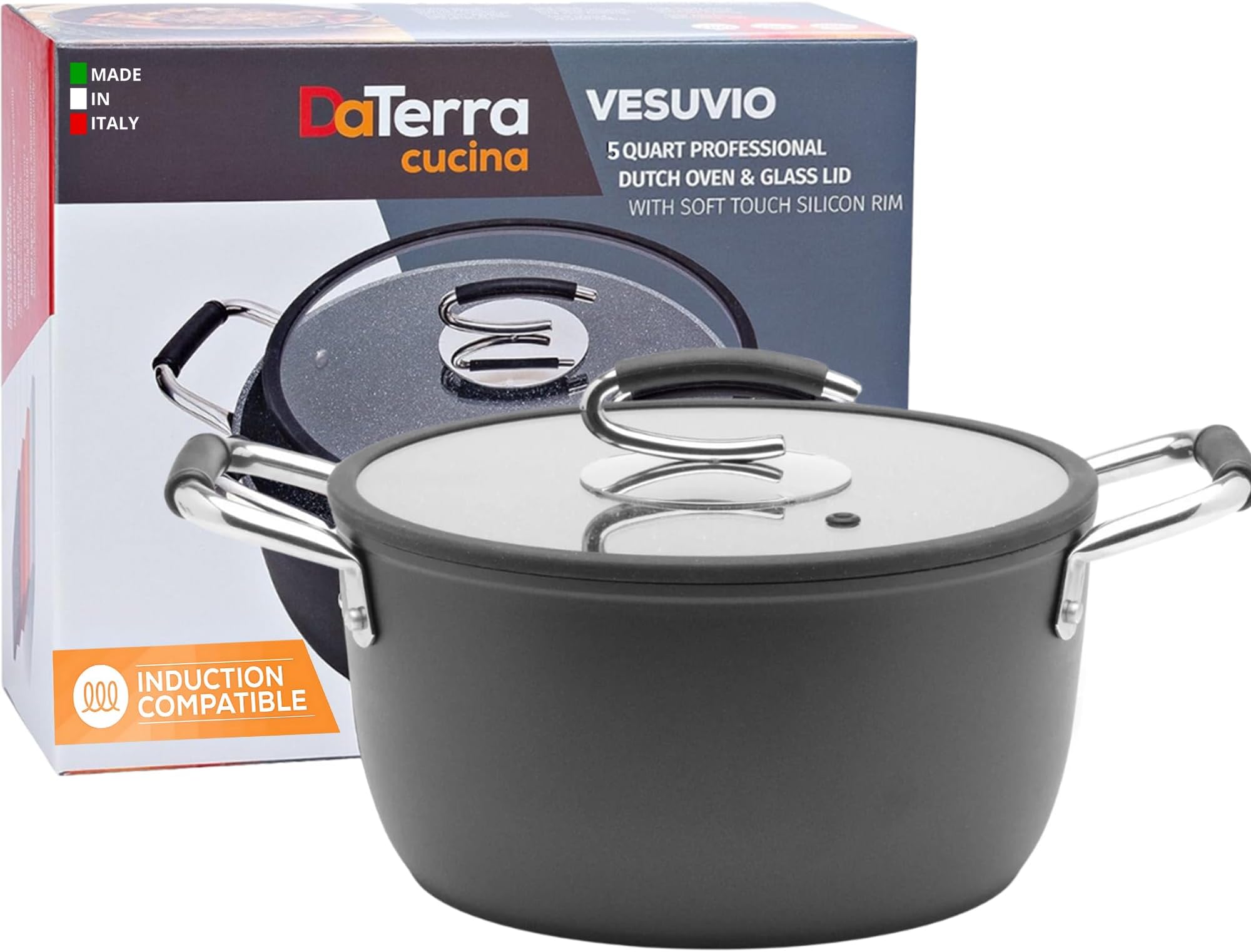 DaTerra Cucina Vesuvio 5 Quart Nonstick Dutch Oven :: Nontoxic Ceramic Coated Stock Pot with Oven Safe Glass Lid