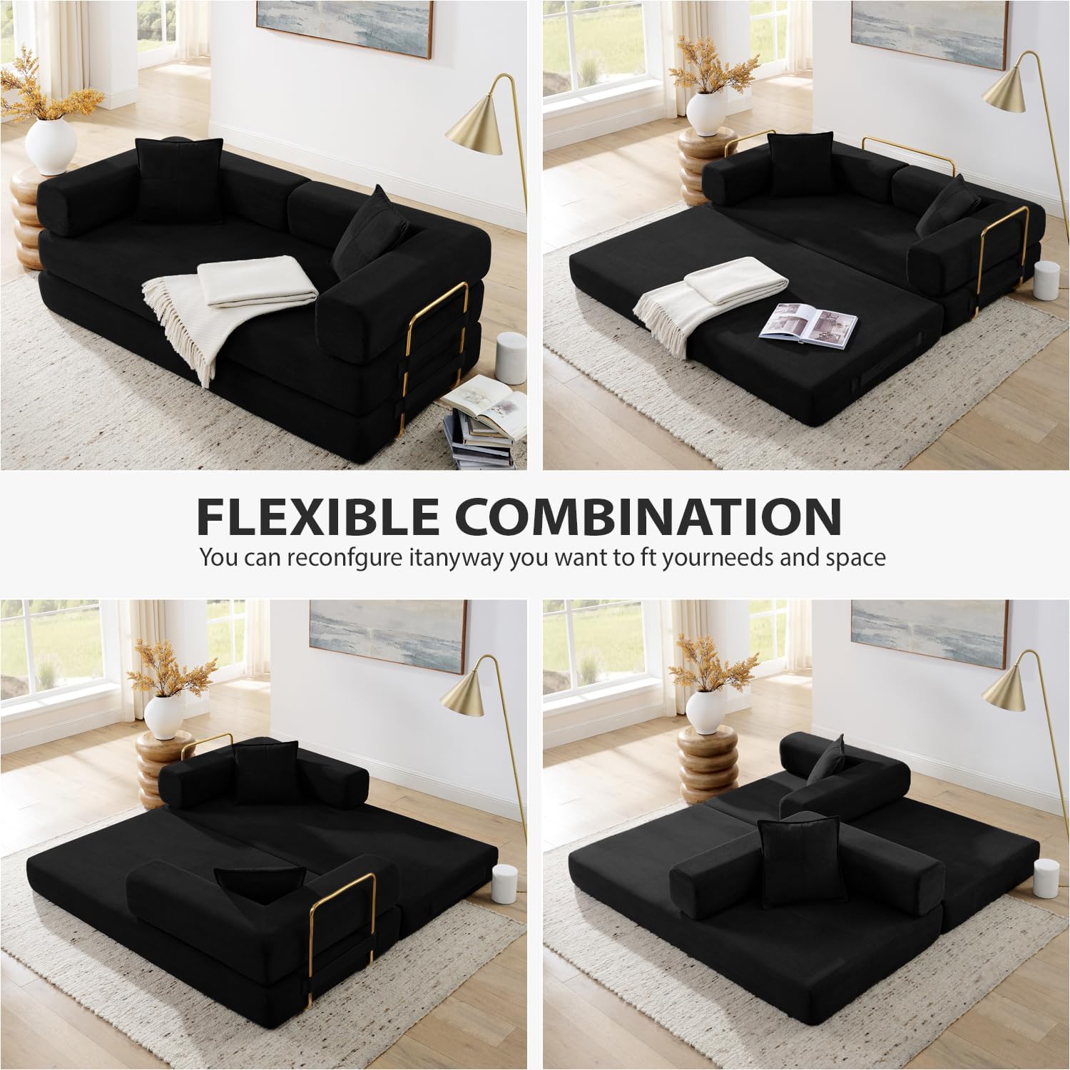 HANXIN 78 Inch Convertible Sleeper Sofa Bed, Folding Floor Mattress Couch with Fixed-Shape Frame, Futon Boneless Couch Lounge Loveseat with Pull Out Bed, No Assembly Required (Black) Black 78" Loveseat Sofa Bed
