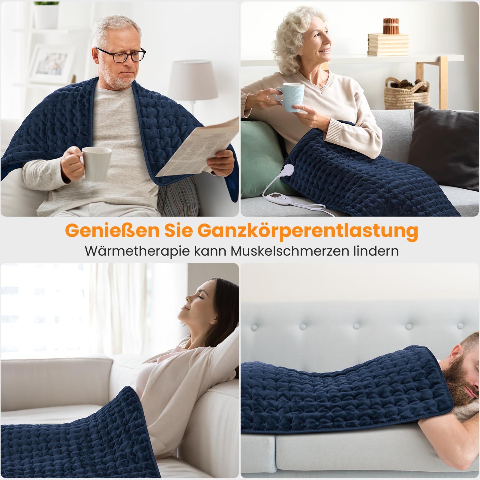 MYCARBON Heizkissen Rücken 92x50cm Wärmekissen mit 6 Heizstufen 4 Timerstufen waschbar Heizdecke mit Abschaltautomatik für Schulter Nacken Bauch Dunkelblau | 4 Timerstufen waschbar Heizdecke mit Abschaltautomatik für Schulter Nacken Bauch Dunkelblau