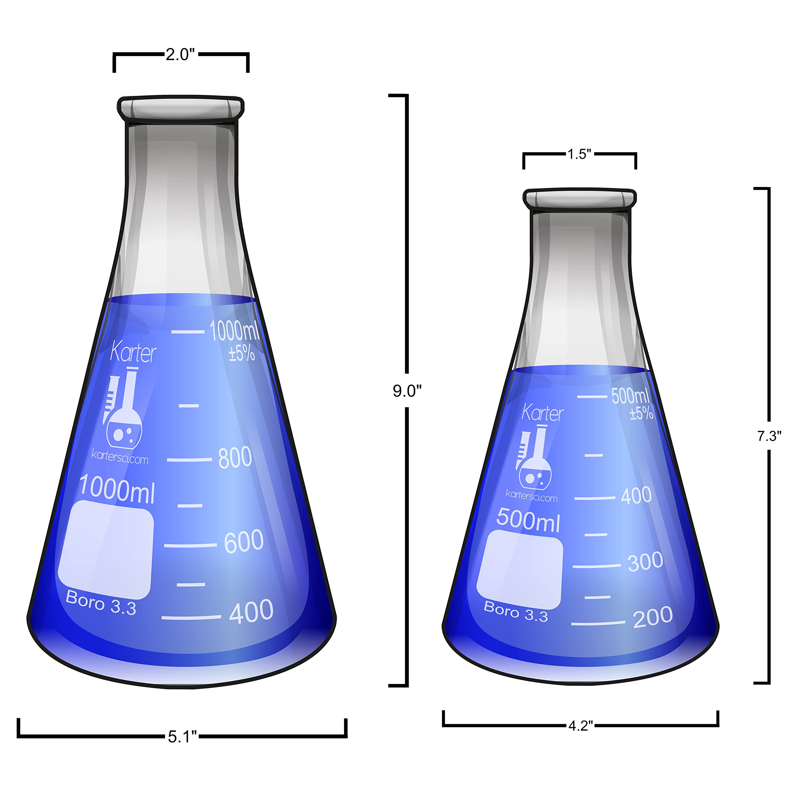 Juego de 5 piezas de frascos de cristal, borosilicato de borosilicato 3,3, cristal de 50 ml, 150 ml, 250 ml, 500 ml, y 1000 ml, Karter Scientific, 1