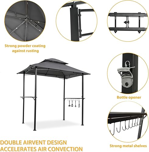 Miniatura 2 de Gazebo de parrilla de 8 x 5 pies, carpa de parrilla para parrilla al aire libre, kiosco de barbacoa de doble nivel con marco de acero, dos estantes,