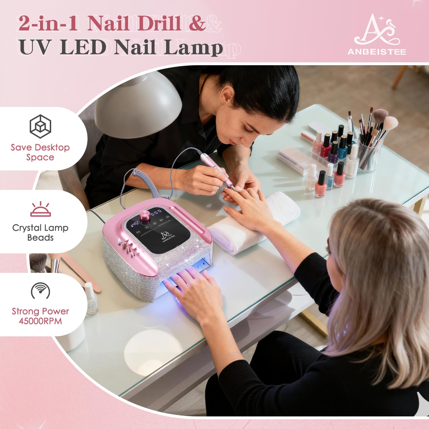 2-en-1 Torno para Uñas y Lámpara Ultravioleta de Uñas, Profesional Recargable 45000 RPM Torno para Uñas, Lámpara de Curado de Secado Rápido de Uñas, Diseñado para el Salón, Casa