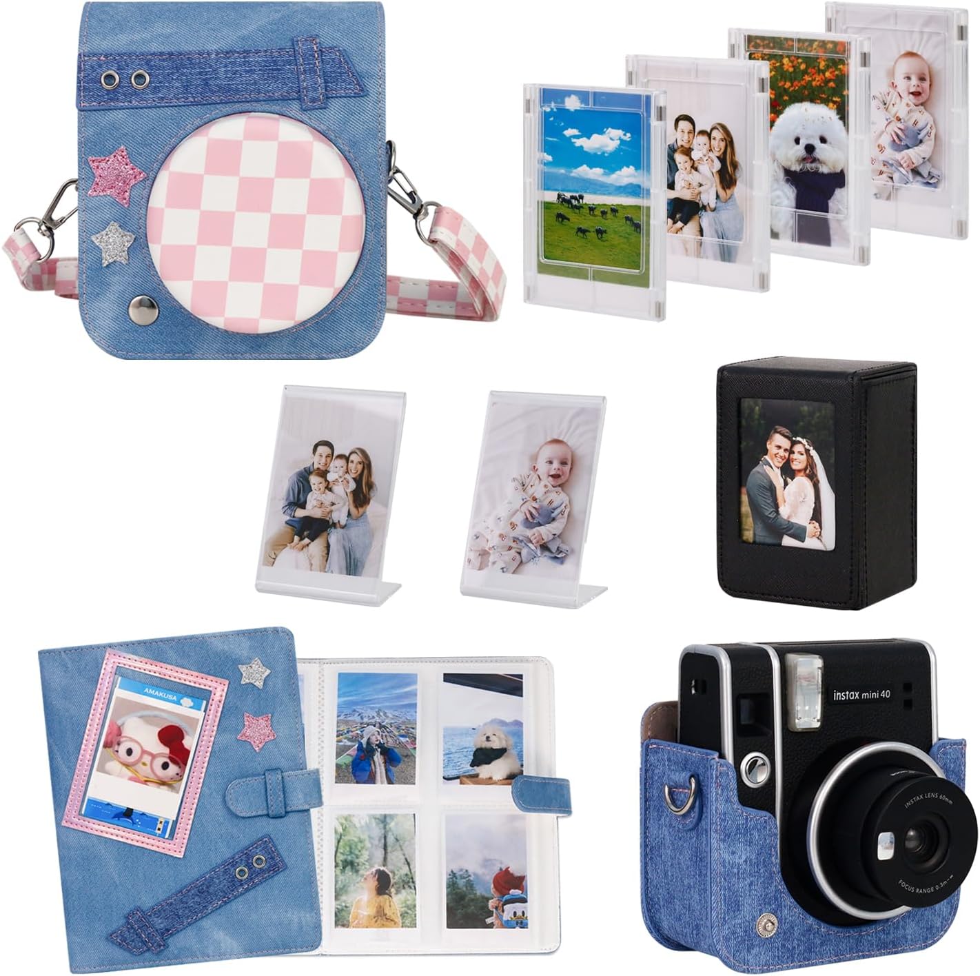 9 in 1 Accessories Bundle Kit Fit for Fujifilm Instax Mini 12/11/40 Camera, Sweetheart Denim Camera Case with 128 Pockets Photo Album, Photo Storage Box, Display Picture Frame, Magnetic Picture Frame