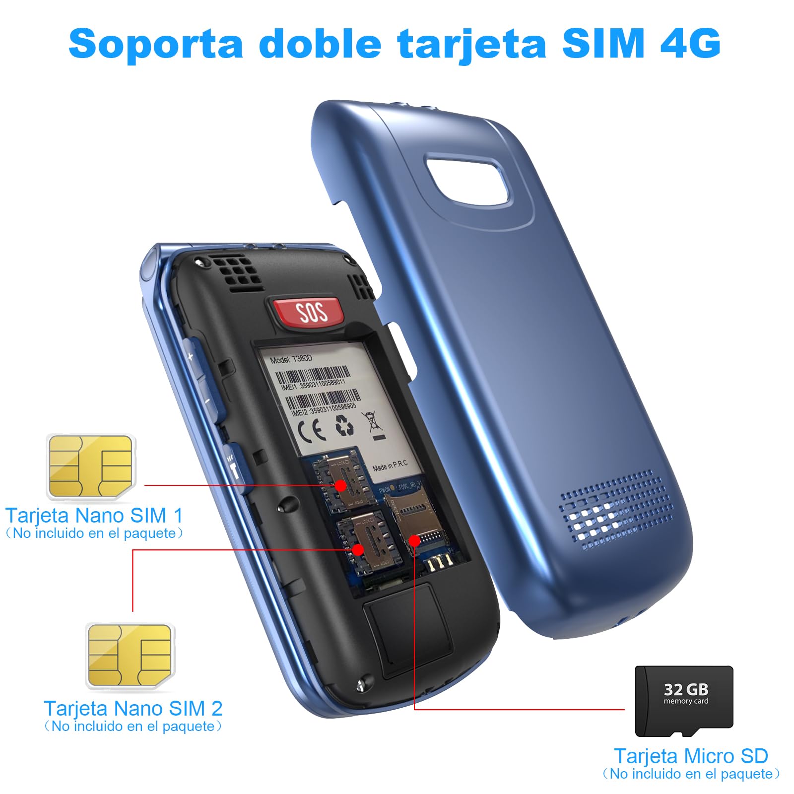Usteetic 4G Teléfono Móvil para Personas Mayores, Teléfono Móvil con Tapa Teclas Grandes Botón SOS Pantalla Doble de 2,4 y 1,77 Pulgadas Doble SIM USB-C Despertador Base de Carga, Fácil de Usar, Azul