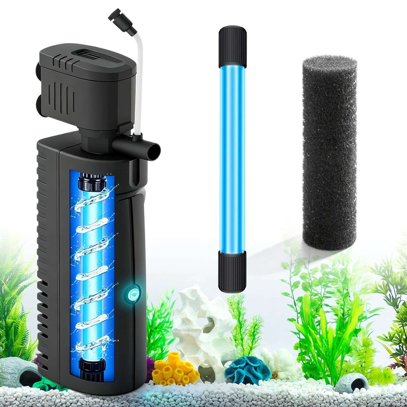 Filtro sommergibile da 1500 l/h con luce UV, pompa per acquario, filtro per acquario, filtro interno per acquario, pompa per laghetto con filtro, filtro stabile per acquari e vasche per tartarughe