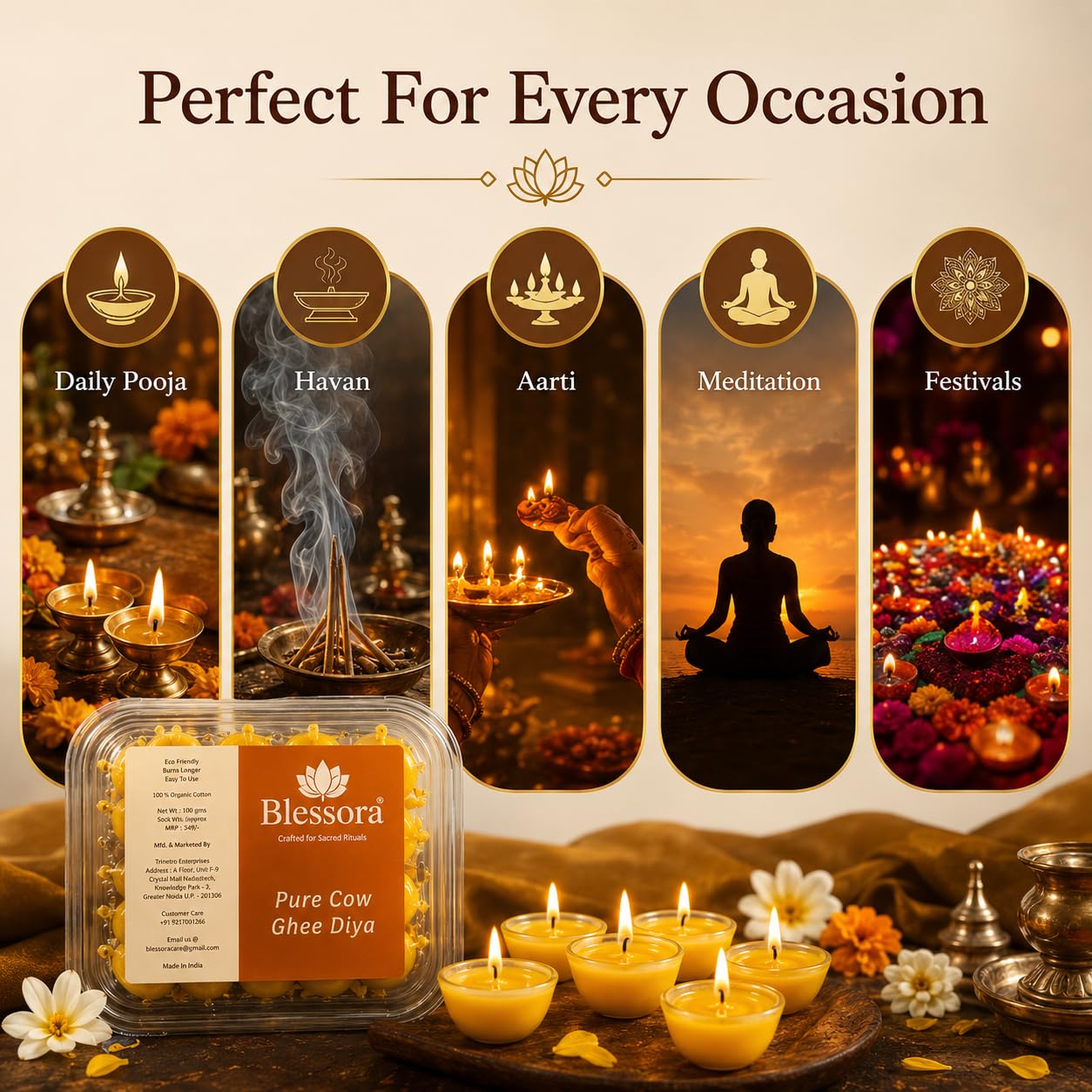 Blessora Pure Ghee Cotton Wicks Diya Batti - Ready Ghee Diyas for Pooja | Long Lasting Aarti Use | Temple Daily Worship (200 Pieces) 3