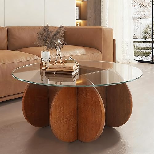 Mesas de centro de cristal para sala de estar, moderna y elegante, mesa central redonda de mediados de siglo con marco de madera maciza y mesa de