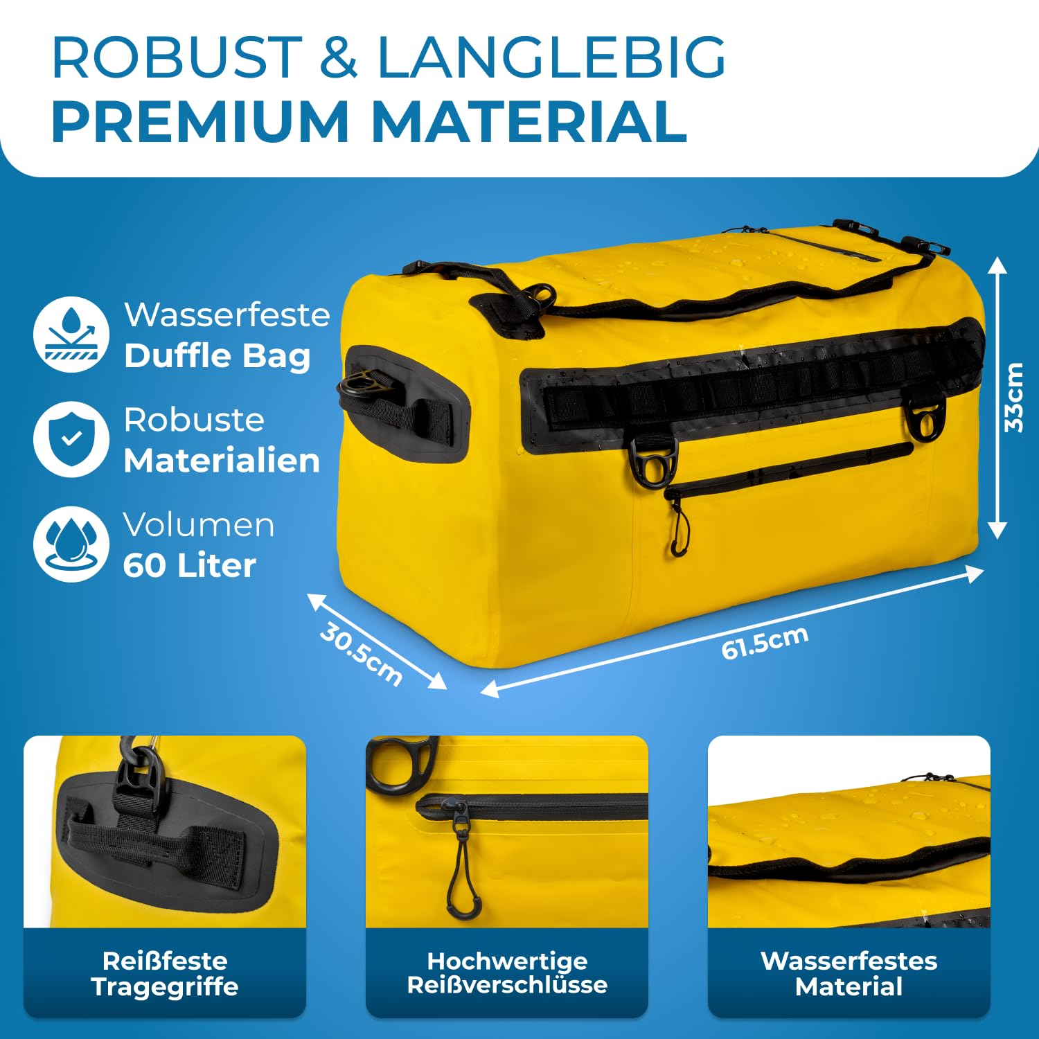STYNGARD Reisetasche wasserdicht mit Rucksackfunktion [60l] - Sporttasche mit Rucksackfunktion wasserdichtes Material - 3in1 Duffle Bag 60l als Segeltasche und Seesack - Modell Hamburg (Gelb, 60L)