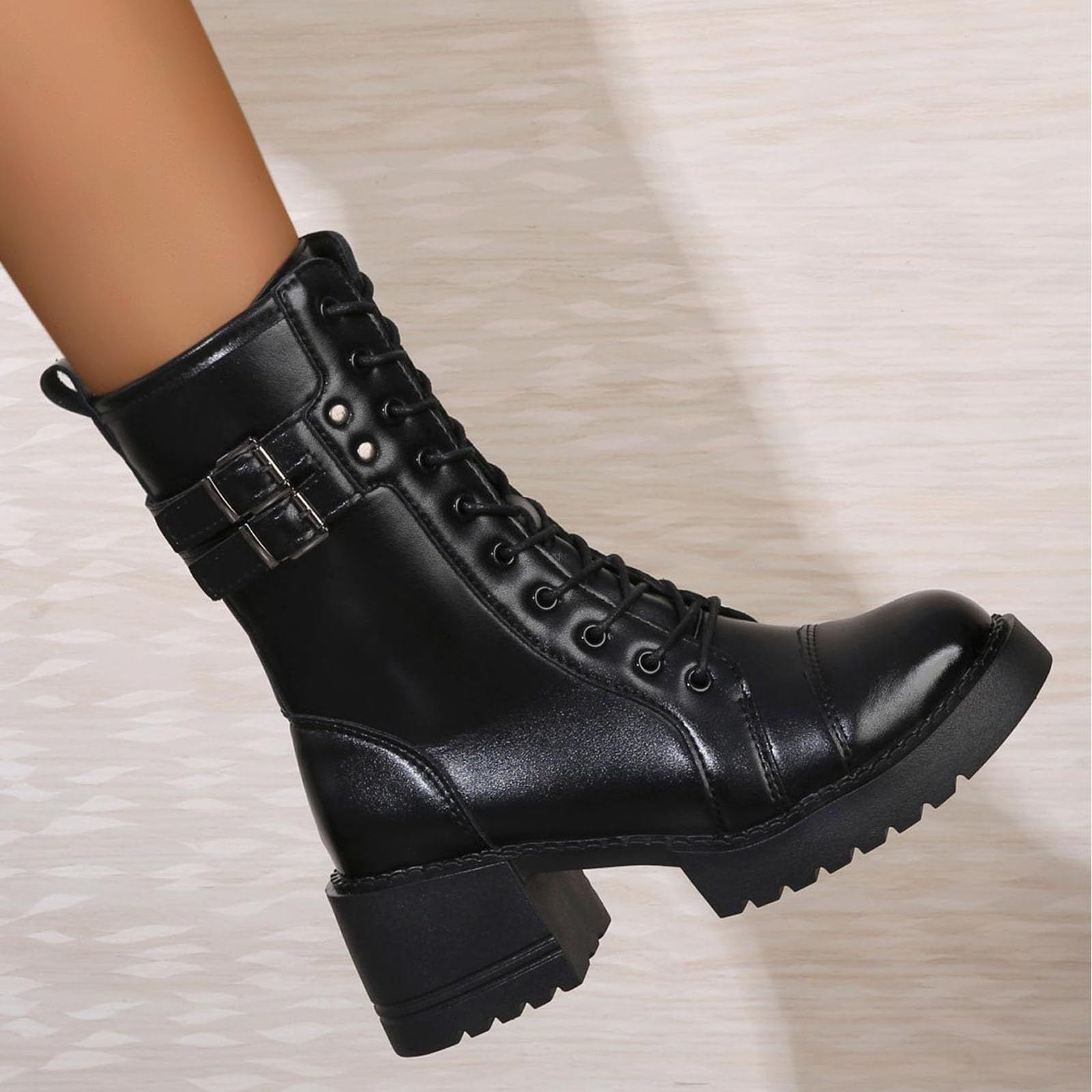 Botas de equitación de invierno para mujer, botas de media altura de caña para ropa informal de trabajo y citas con tacón grueso, cremallera y diseño de cordones, perfectas para otoño e invierno